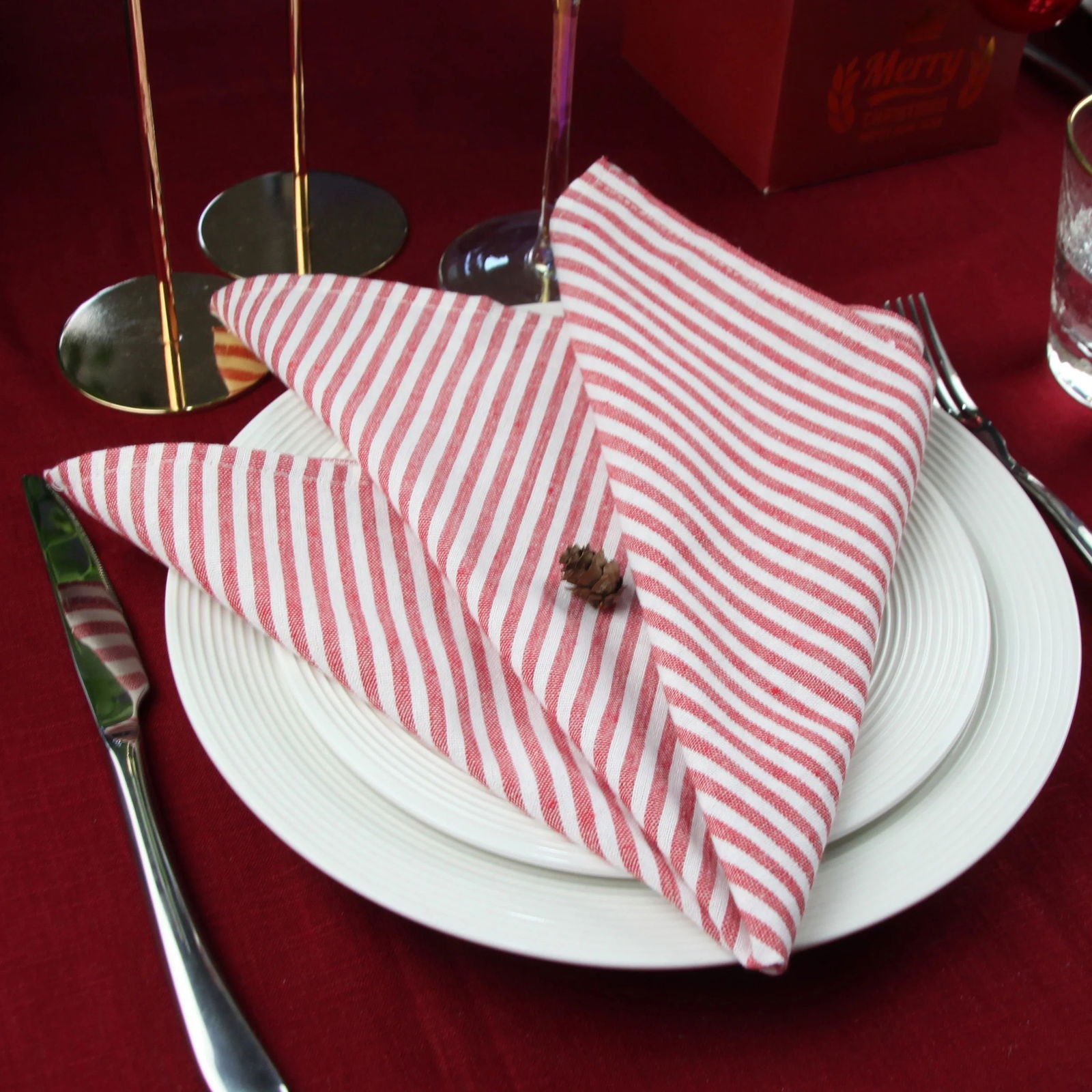 Lot de 12 serviettes de table Tartan rayé en polycoton lin rouge 43x43
