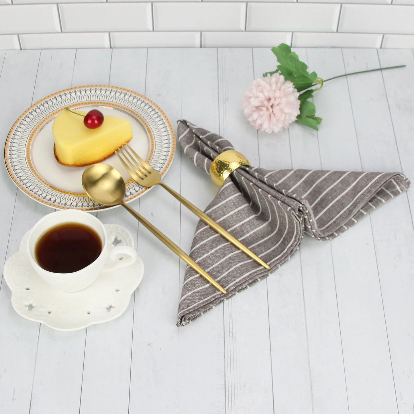 Lot 12 serviettes table rayées polycoton lin marron et blanc