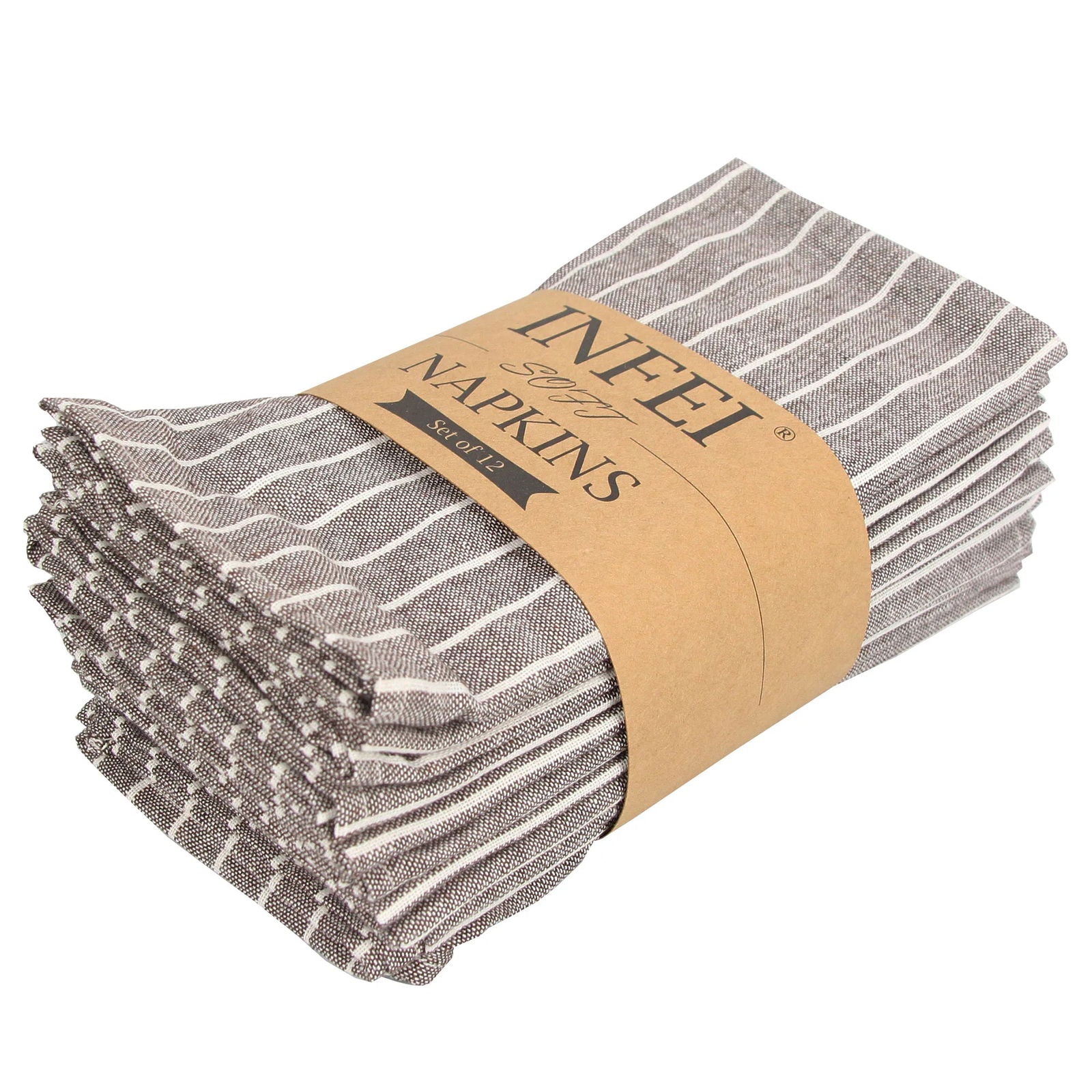 Lot 12 serviettes table rayées polycoton lin marron et blanc