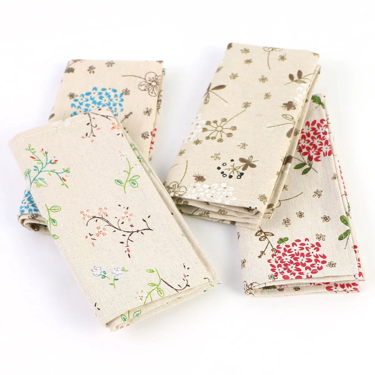 Lot de 4 Serviettes de table fleurie en coton lin beige motif pâquerette style japonais 40x40