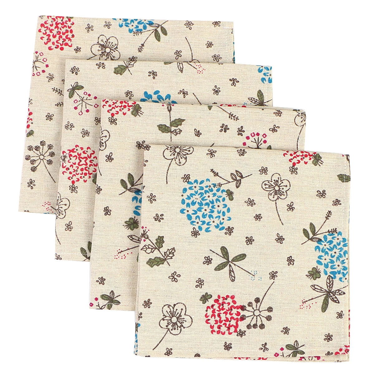 Lot de 4 Serviettes de table fleurie en coton lin beige motif pâquerette style japonais 40x40