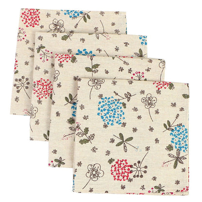 Lot de 4 Serviettes de table fleurie en coton lin beige motif pâquerette style japonais 40x40