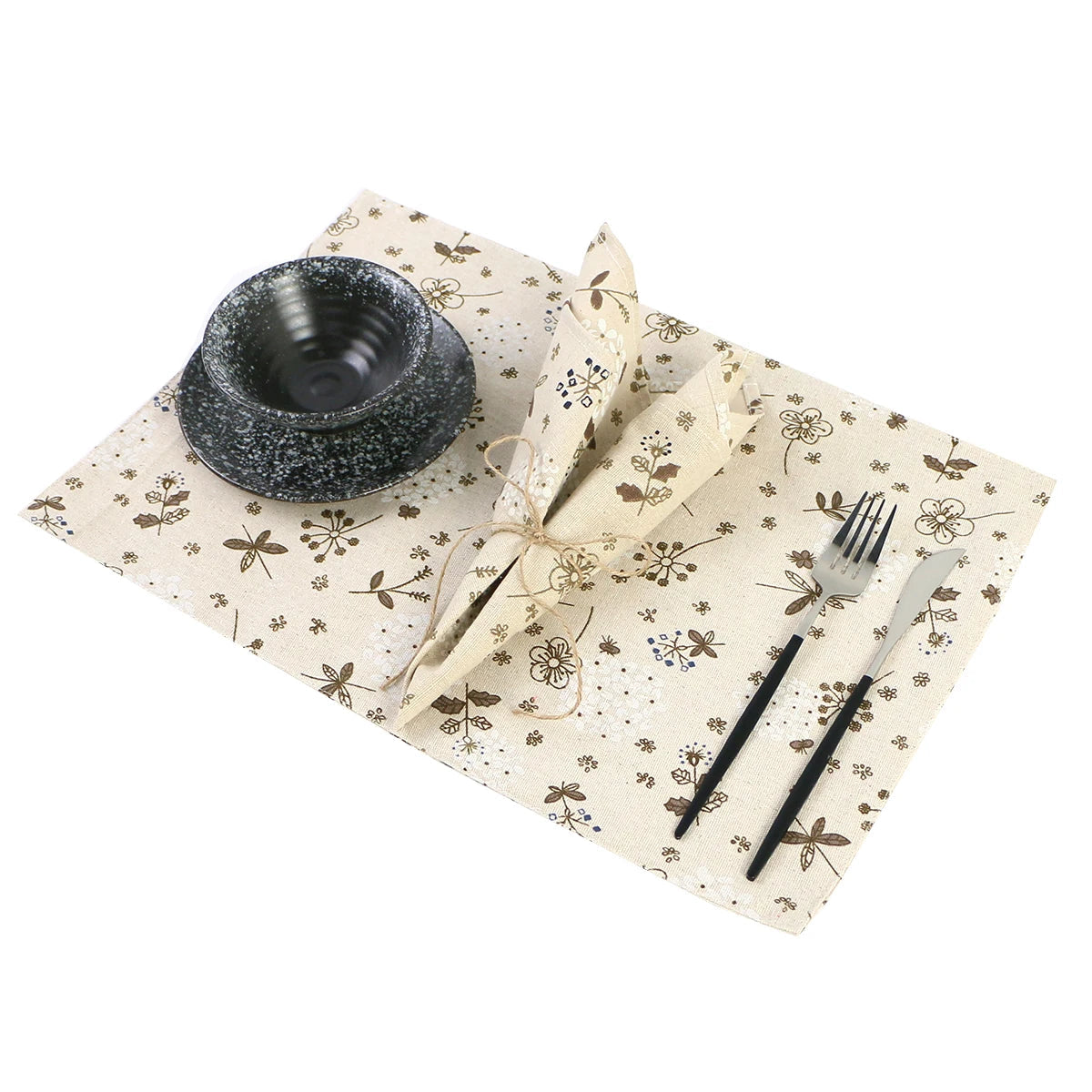 Lot de 4 Serviettes de table fleurie en coton lin beige motif pâquerette style japonais 40x40