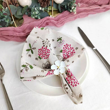 Lot de 4 Serviettes de table fleurie en coton lin beige motif style japonais 40x40