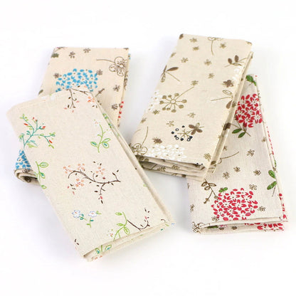 Lot de 4 Serviettes de table fleurie en coton lin beige motif style japonais 40x40