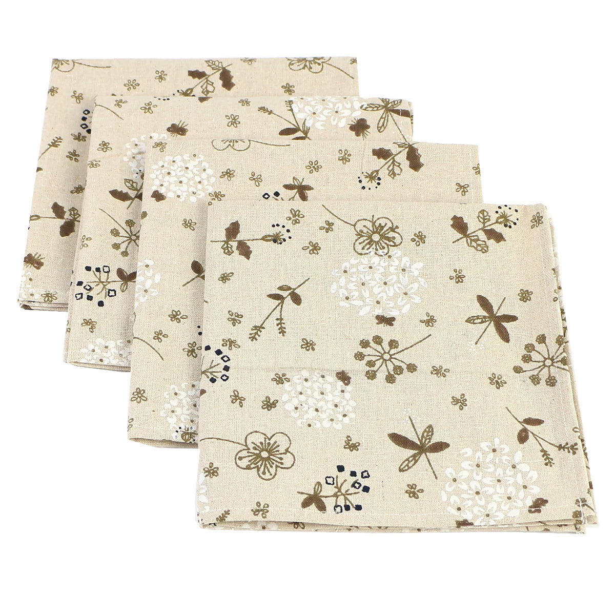Lot de 4 Serviettes de table fleurie en coton lin beige motif style japonais 40x40