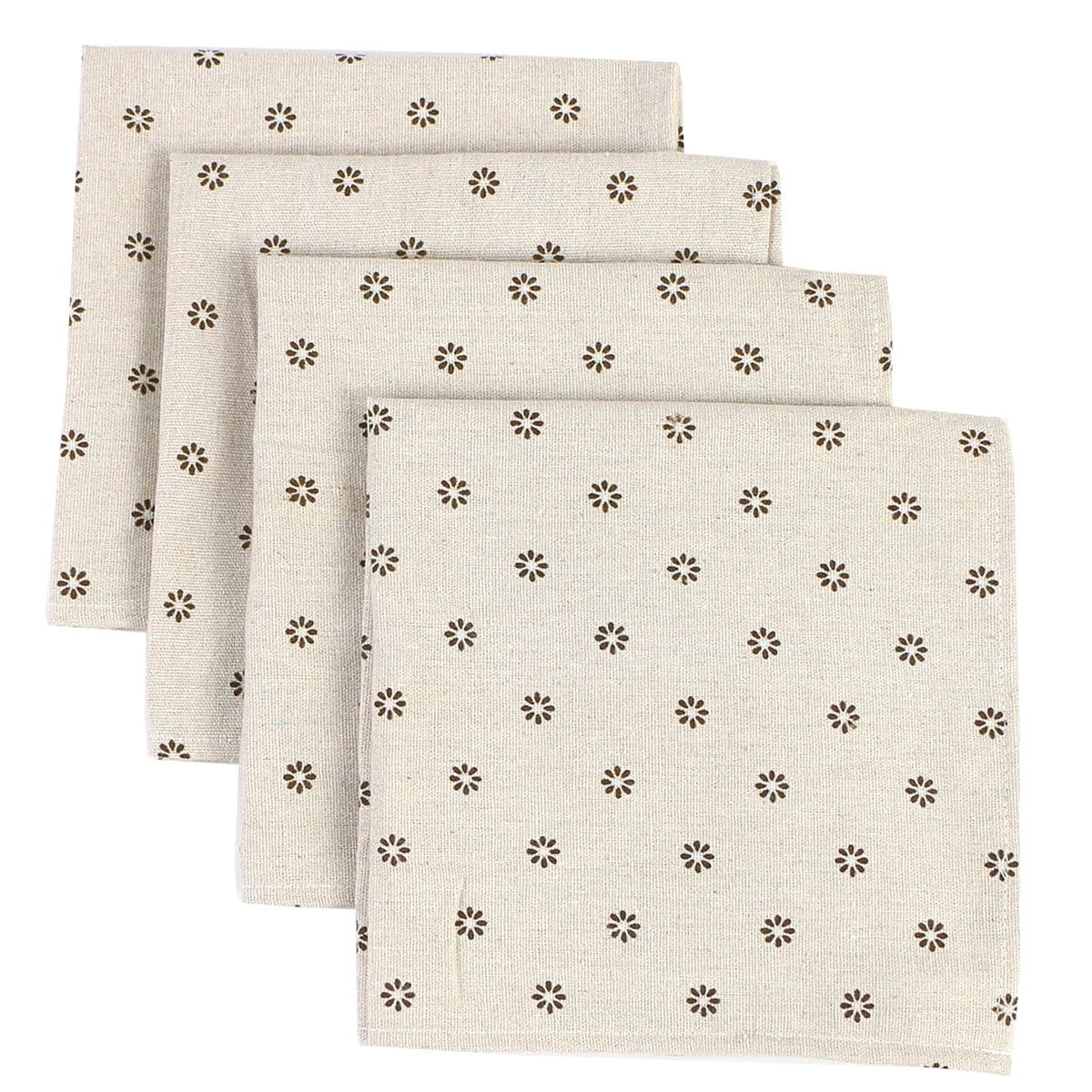 Lot de 4 Serviettes de table fleurie en coton lin beige motif style japonais 40x40