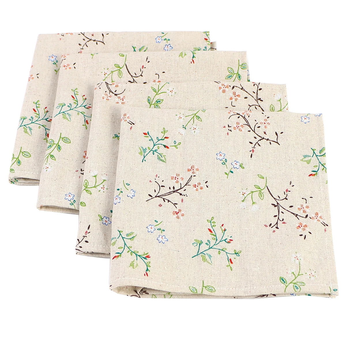 Lot de 4 Serviettes de table fleurie en coton lin beige motif style japonais 40x40