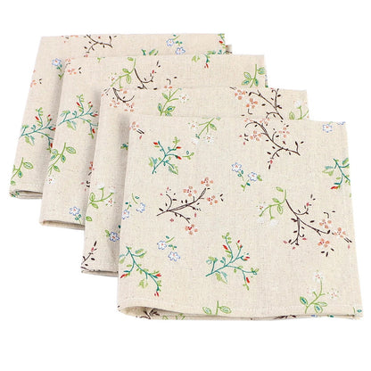 Lot de 4 Serviettes de table fleurie en coton lin beige motif style japonais 40x40