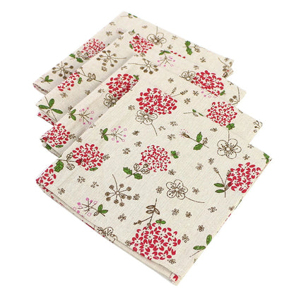 Lot de 4 Serviettes de table fleurie en coton lin beige motif style japonais 40x40