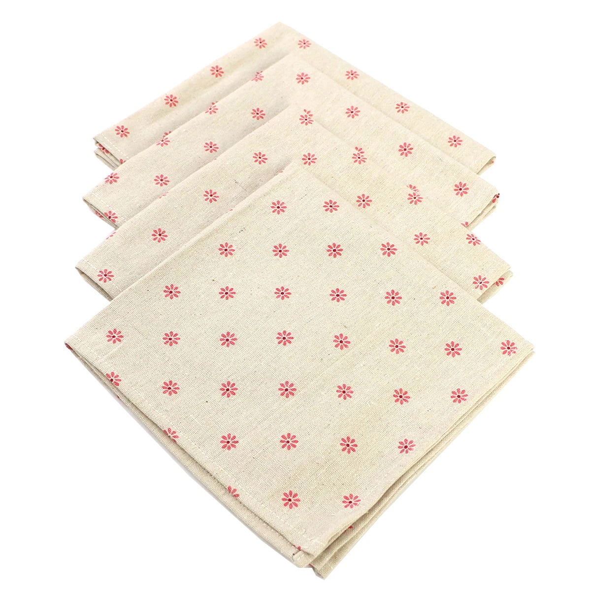 Lot de 4 Serviettes de table fleurie en coton lin beige motif style japonais 40x40
