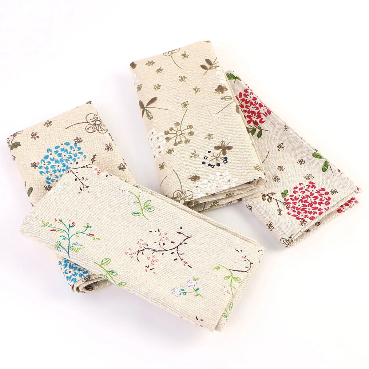 Lot de 4 Serviettes de table fleurie en coton lin beige motif style japonais 40x40