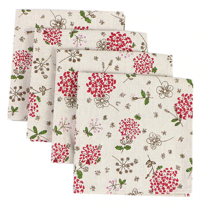 Lot de 4 Serviettes de table fleurie en coton lin beige motif style japonais 40x40