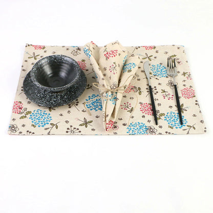 Lot de 4 Serviettes de table fleurie en coton lin beige motif style japonais 40x40