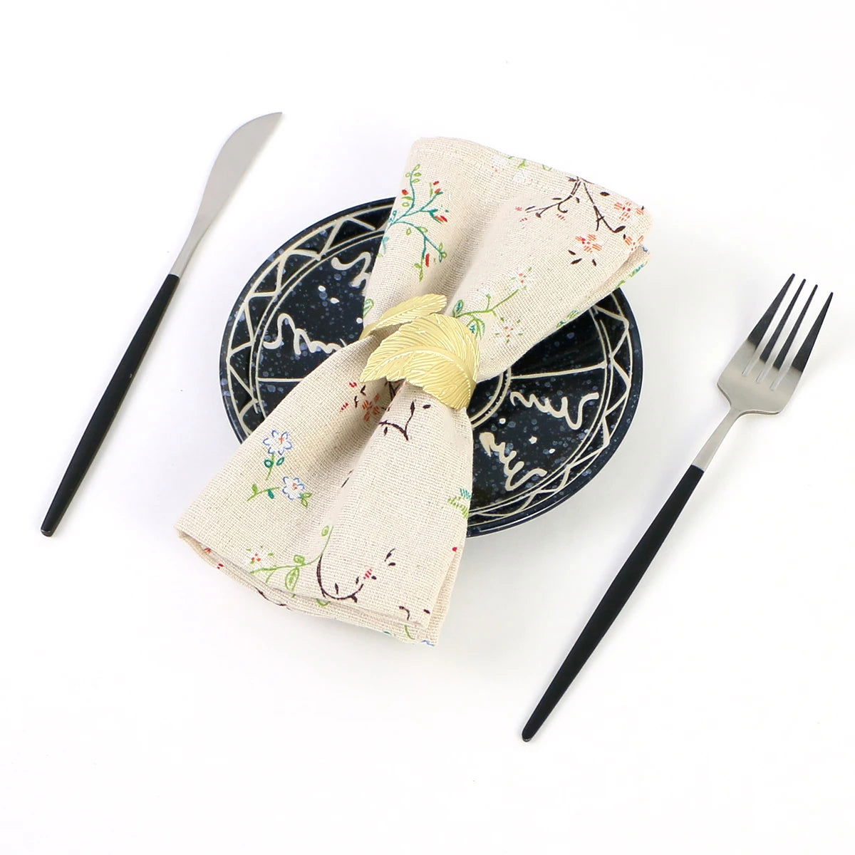 Lot de 4 Serviettes de table fleurie en coton lin beige motif style japonais 40x40