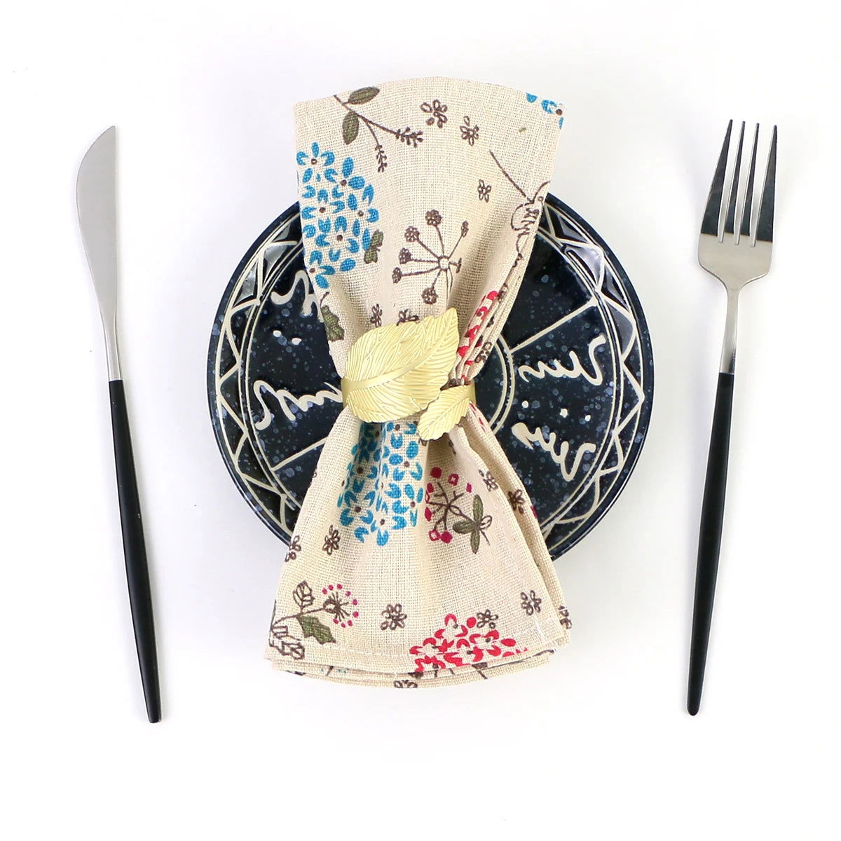 Lot de 4 Serviettes de table fleurie en coton lin beige motif style japonais 40x40
