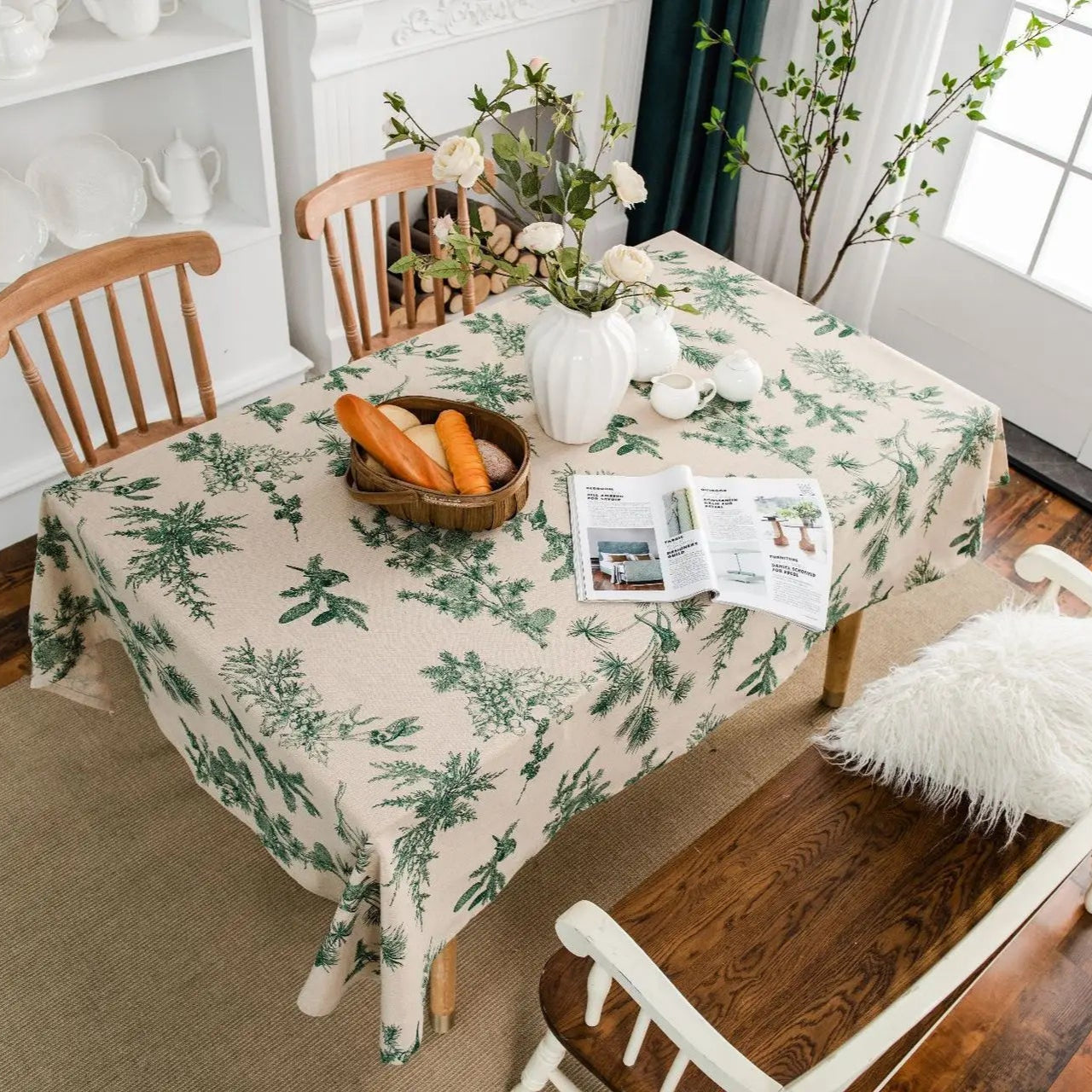 Nappe En Coton Et Lin Imprimée Motif De Bouquets Verts