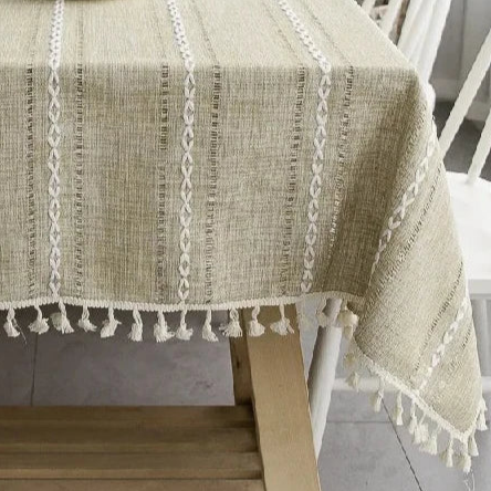 Nappe Jacquard en coton lin beige brodé relief