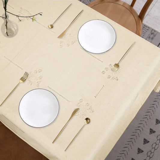 Nappe beige en coton flammé brodée style vintage 100% fait main