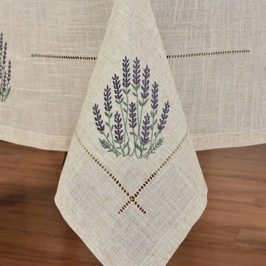 Nappe beige en polyester et lin brodé motif lavande