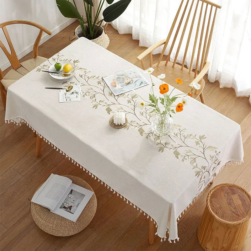 Nappe brodée coton lin à motif feuilles de manguier