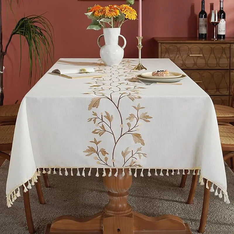 Nappe brodée coton lin à motif feuilles de manguier