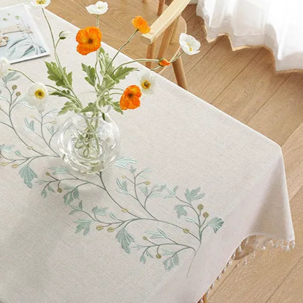 Nappe brodée coton lin à motif feuilles de manguier