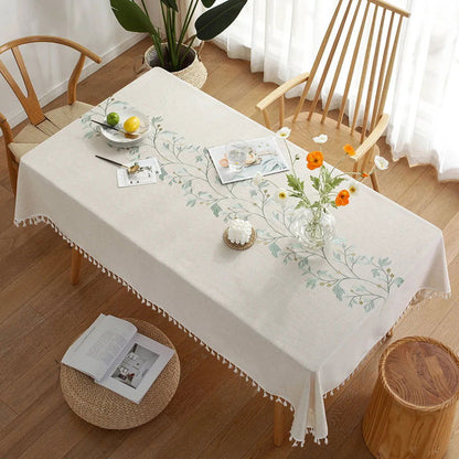 Nappe brodée coton lin à motif feuilles de manguier
