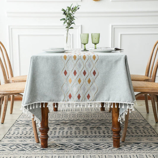 Nappe brodée coton lin gris à motif diamants