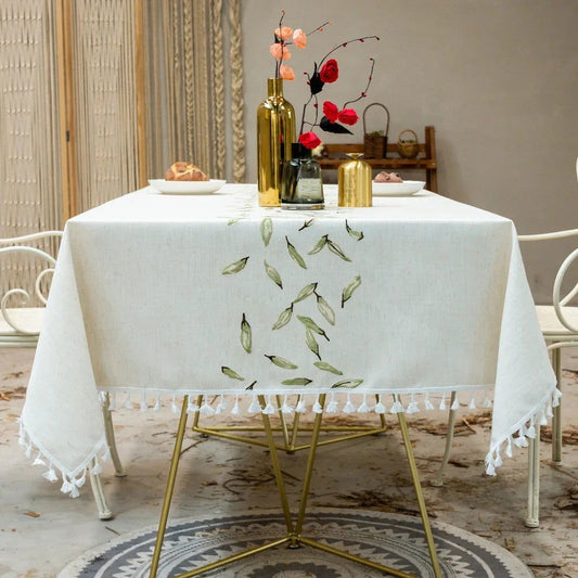 Nappe brodée coton lin motif chevrons de feuilles