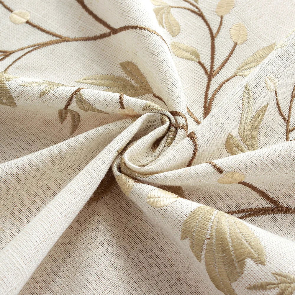 Nappe brodée coton lin motif feuilles