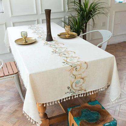 Nappe brodée coton lin motif floraux