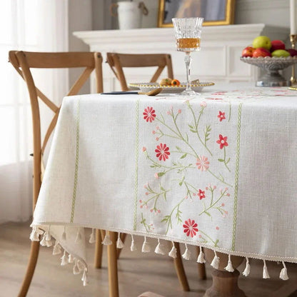 Nappe brodée coton lin motif floraux