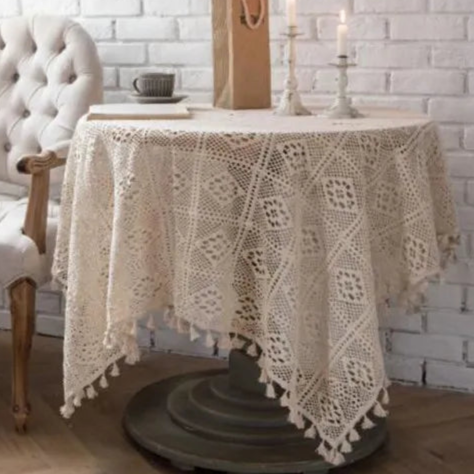 Nappe brodée crochet carrée coton style vintage blanc