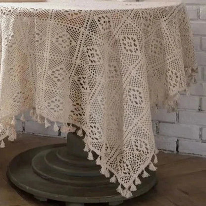 Nappe brodée crochet carrée coton style vintage blanc