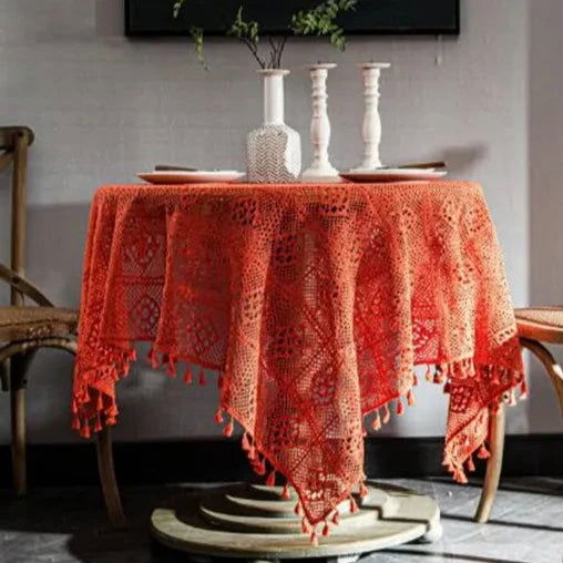 Nappe brodée crochet coton style vintage orange
