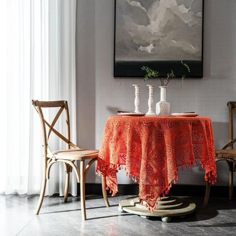 Nappe brodée crochet coton style vintage orange