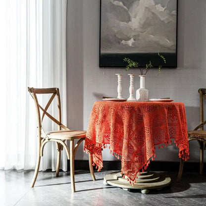 Nappe brodée crochet coton style vintage orange