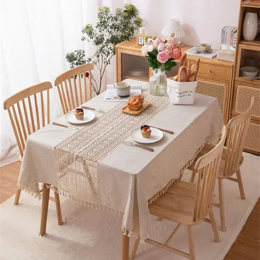Nappe brodée crochet entrelac en polycoton chanvre style vintage beige