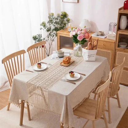 Nappe brodée crochet entrelac en polycoton chanvre style vintage beige