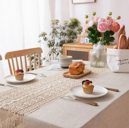 Nappe brodée crochet entrelac en polycoton chanvre style vintage beige