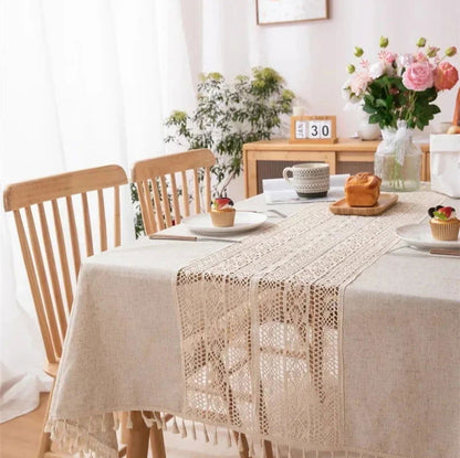 Nappe brodée crochet entrelac en polycoton chanvre style vintage beige