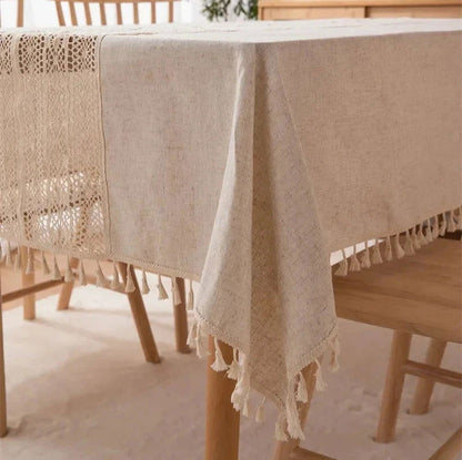Nappe brodée crochet entrelac en polycoton chanvre style vintage beige