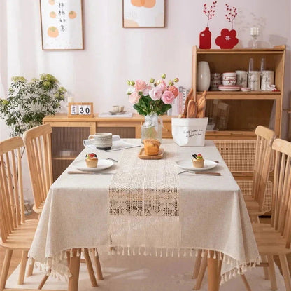 Nappe brodée crochet fleur en polycoton chanvre style vintage beige