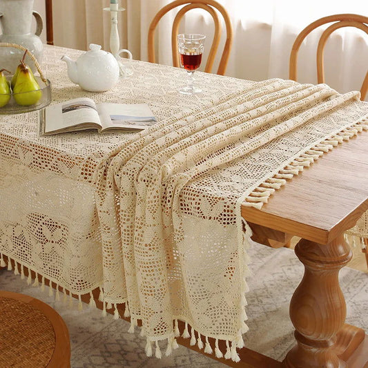 Nappe brodée en polycoton style crochet vintage beige