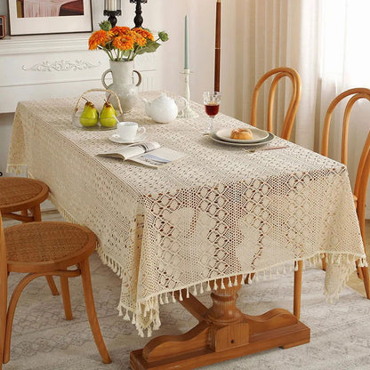 Nappe brodée en polycoton style crochet vintage beige