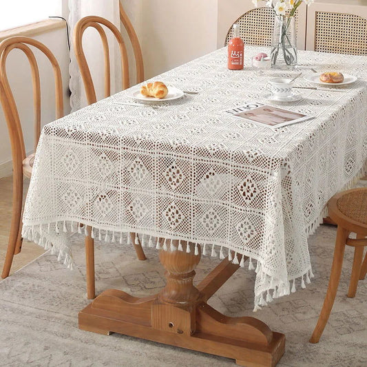 Nappe brodée en polycoton style crochet vintage blanc