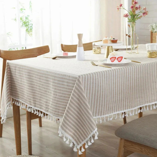 Nappe carrée rayée en coton lin beige