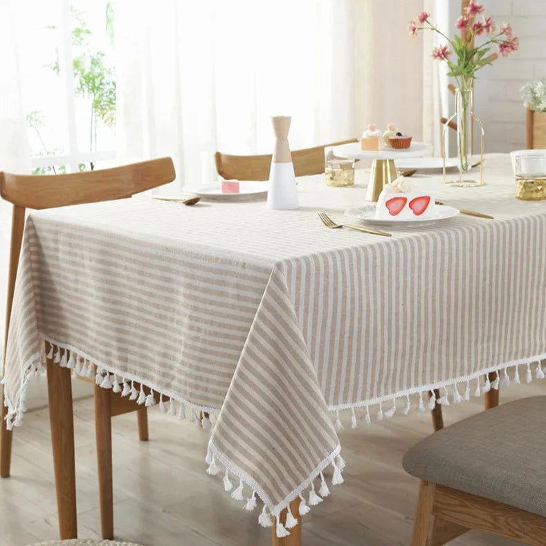 Nappe carrée rayée en coton lin beige