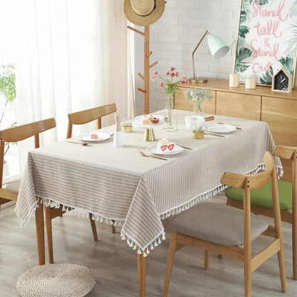 Nappe carrée rayée en coton lin beige